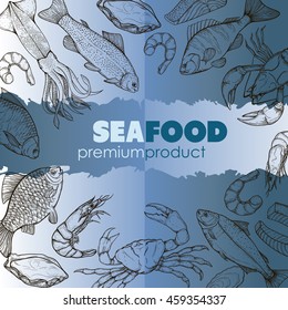 Vector booklet with sketches of sea food: fish, crab, lobster, oysters, squid, salmon, trout. Design brochures, templates, backgrounds, on the marine theme. Linear silhouettes handmade.
