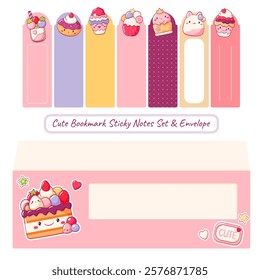 Vector Bookmark Sticky Notes Set and Envelope. Kawaii Adhesive Tags collection for children. Cartoon sticky note element with cute dessert in kawaii style for reminders, planning, nursery organization