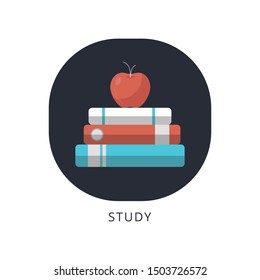Vector books with apple flat icon