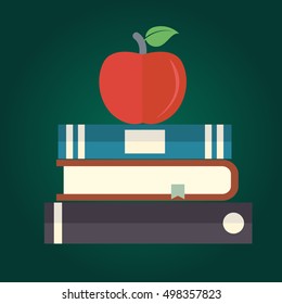 Vector books with apple flat icon, education concept design.