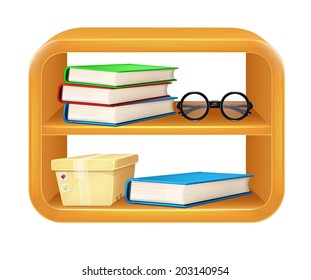Vector Books, Box, Glasses on Shelf