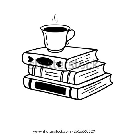 Vector books clipart. Cosy books with cup of tea or coffee, black and white vector book illustration