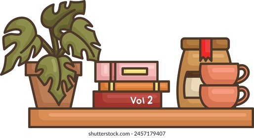a vector of books, coffee, and plant