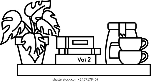 a vector of books, coffee, and plant in black and white colouring