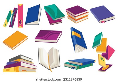 Vector books icon set. Learning or education concept. Different design of books or notebooks. Reading, learn and receive education through books. Read more books