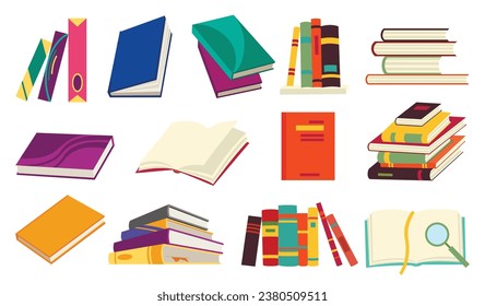 Juego de iconos de libros vectores. Concepto de aprendizaje o educación. Diseño diferente de libros o cuadernos. Leer, aprender y recibir educación a través de los libros. Leer más libros