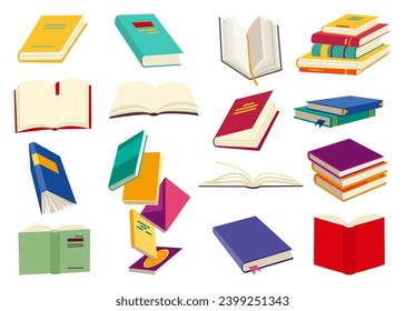 Juego de iconos de libros vectores. Concepto de aprendizaje o educación. Diseño diferente de libros o cuadernos. Leer, aprender y recibir educación a través de los libros. Leer más libros