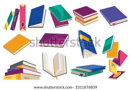 Vector books icon set. Learning or education concept. Different design of books or notebooks. Reading, learn and receive education through books. Read more books