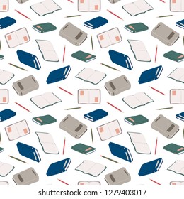 Vector books, notebooks, notepads, diary and pencil seamless pattern. Study, education background template