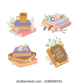 Vector books on an isolated background. Romantic book illustrations and flowers. Read more books. A set for book lovers. Various books, stacks of books,