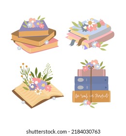 Vector books on an isolated background. Romantic book illustrations and flowers. Read more books. A set for book lovers. Various books, stacks of books,