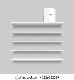 Vector books on realistic shelves. Mock up or template of shelves with books isolated on grey background. Part of interior for your design. Vector illustration.