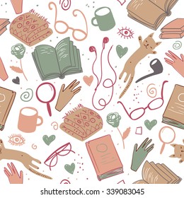 Vector books pattern. Colorful seamless literature texture, detailed cute illustrations. Pattern with hand drawn books and glasses. Background for use in design, web site, packing, textile, fabric