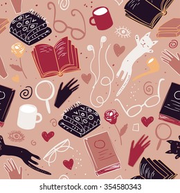 Vector books pattern. Colorful seamless literature texture, detailed cute illustrations. Pattern with hand drawn books and glasses. Background for use in design, web site, packing, textile, fabric