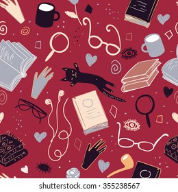 Vector books pattern. Colorful seamless literature texture, detailed cute illustrations. Pattern with hand drawn books and glasses. Background for use in design, web site, packing, textile, fabric
