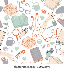 Vector books pattern. Colorful seamless literature texture, detailed cute illustrations. Pattern with hand drawn books and glasses. 