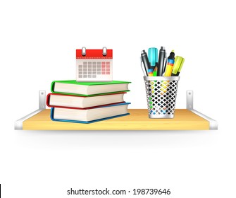 Vector Books, Pencil Box, Calendar on Shelf