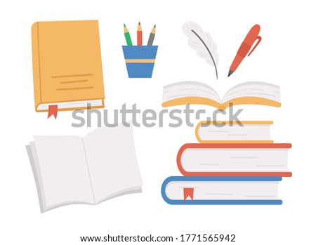 Vector books set. Back to school educational clipart. Cute flat style illustration with opened notebooks, book stacks, pencils pen, feather. Learning or education concept 
