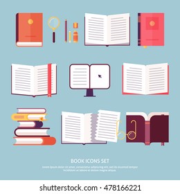 Vector books set icon in flat design style isolated. Icons set includes open book, stack of books, e-learning, notebook, e-book etc.