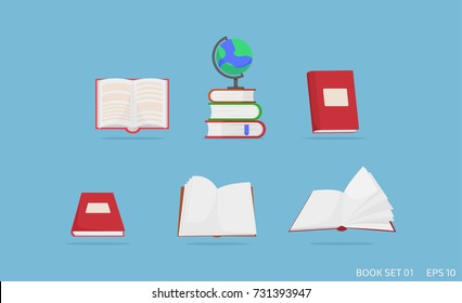 vector books set. books in a stack, open, in a group, closed,with globe