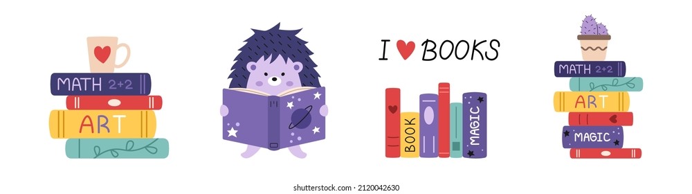 Vector books set. Stack of books and reading hedgehog. I love books lettering. Colorful.
