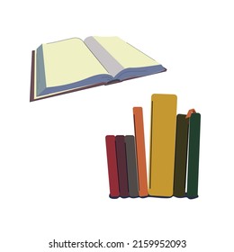 Vector books. Stack of books on shelf, open book. Isolated objects