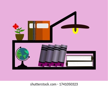 Librería vectorial con libros, ollas de globo y flores junto con flores rojas. Con paredes de color naranja