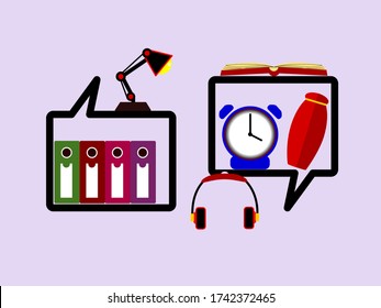 Vector bookshelf with file boxes, study lights, headsets, clocks and bottles. With light purple walls