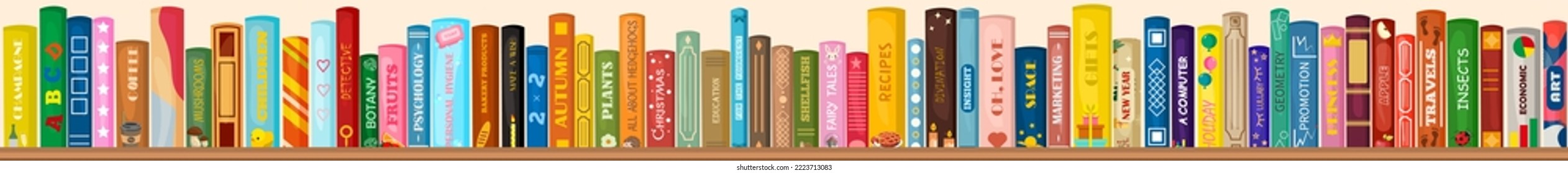 Vector bookshelf made of wood with books. Literature for the whole family. Children's reading. Creative banner for bookstore, library, fairs.
