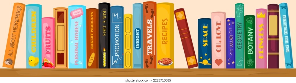 Vector bookshelf made of wood with books. Literature for the whole family. Children's reading. Creative banner for bookstore, library, fairs.