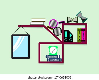 Vector bookshelf with mirror, clock, magnifying glass, hourglass, and a little book. Light green walls