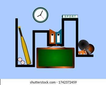 Vector bookshelf with tennis racket, baseball bat, blackboard and wall clock. With light blue walls