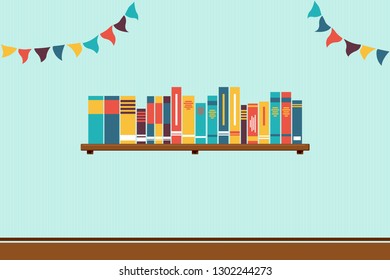 Vector of bookshelves with colorful books and stationery with light blue wall background design illustration
