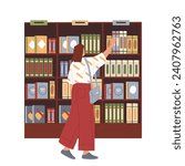 Vector bookstore or library with bookcase. Book store or shop with buyer. Library illustration with reader looking catalog. Inside or interior view on literature institution. Bookshop for reading.