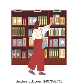 Vector bookstore or library with bookcase. Book store or shop with buyer. Library illustration with reader looking catalog. Inside or interior view on literature institution. Bookshop for reading.