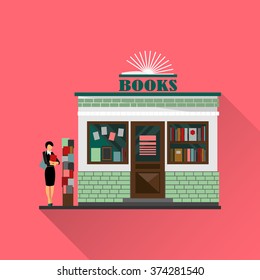 Vector bookstore mall. Books shop building. Woman silhouette with a book. A lot of books in a shop window. Library. Education market. Cute architecture facade. Vector flat style illustration. Boutique