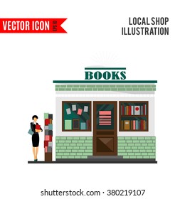 Vector bookstore mall. Books shop building. Woman silhouette with a book. A lot of books in a shop window. Library. Education market. Cute architecture facade. Vector flat style illustration. Boutique