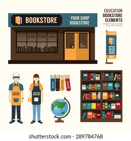 Vector Bookstore Set Design, Shop Store, Package, T-shirt, Cap, Uniform And Front Display Design/ Layout Set Of Corporate Identity Mock Up Template.