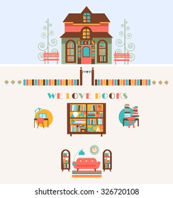 Vector Bookstore set design, Shop Store with Bookshelfs and Working Place