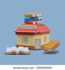 Vector bookstore with stack of decorative books on roof. Vertical advertising concept on blue background. Online resource, paid archive. Modern literature, ebook