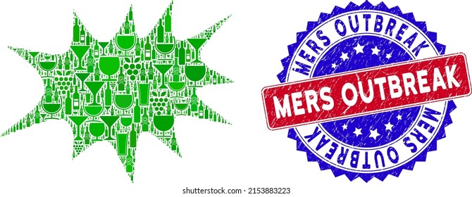Vector boom bang icon wine collage with grunge bicolor Mers Outbreak stamp. Red and blue bicolored stamp with distress texture and Mers Outbreak slogan.