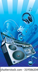 Vector boom box on blue background
