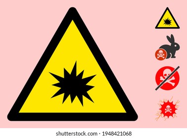 Vector boom flat warning sign. Triangle icon uses black and yellow colors. Symbol style is a flat boom attention sign on a pink background. Icons designed for notice signals, road signs,
