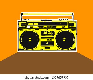 Vector boombox on orange background. Zine style.