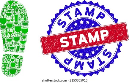 Vector boot footprint icon wine composition and grunge bicolor Stamp seal stamp. Red and blue bicolored seal with unclean surface and Stamp word. Boot footprint collage icon designed with wine cups,