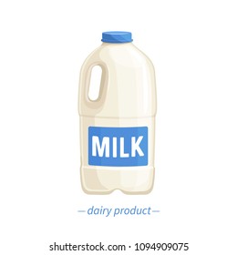 Vector bootle milk icon. Dairy product in plastic packaging. Cartoon style.