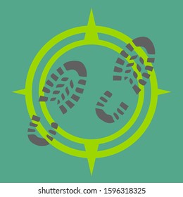 vector of boots footprint illustration outline on green ground forest and the circle of compass