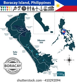 Vector of Boracay island, Philippines. Map contains beaches, roads and travel icons