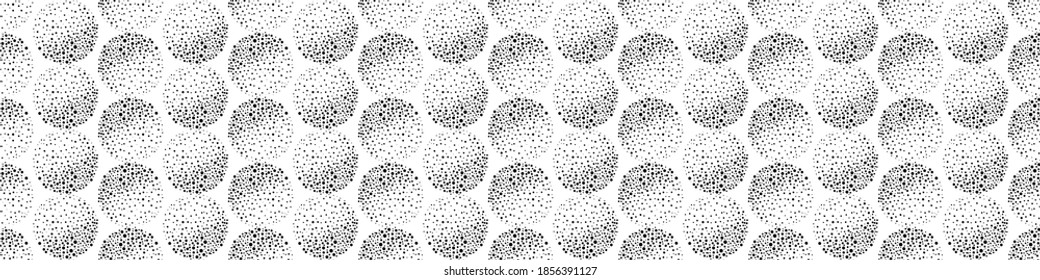 Vector border with abstract black and white dotted circles and texture shading effect. Seamless monochrome grunge style geometric banner. Round moon style sphere edging with hand drawn elements.