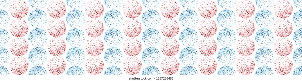 Vector border with abstract red, blue dotted circles and texture shading effect. Seamless grunge style geometric banner on white background. Round moon style sphere edging with hand drawn elements.